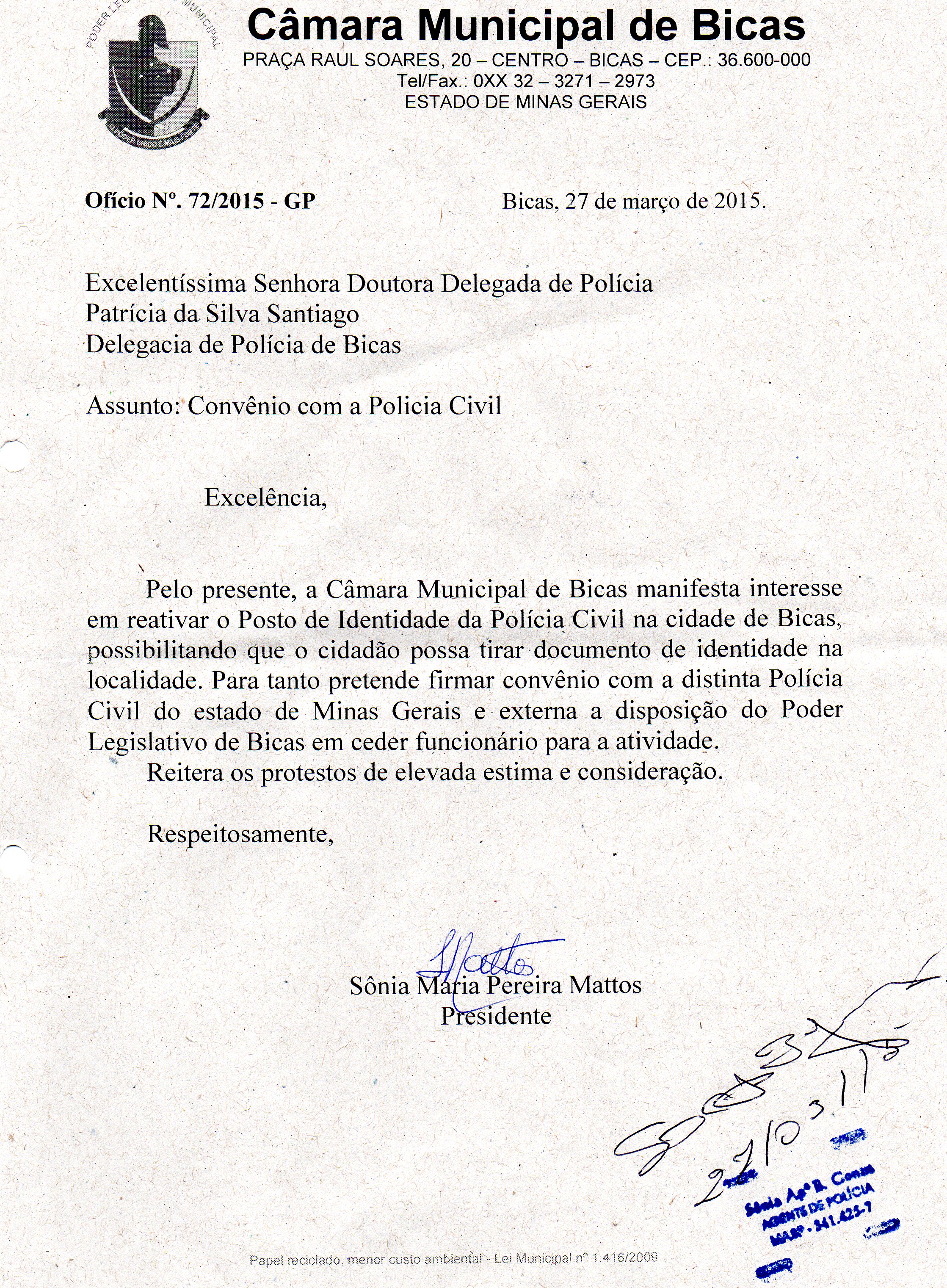 Câmara Municipal de Bicas manifesta interesse em reativar o Posto de Identidade da polícia Civil.